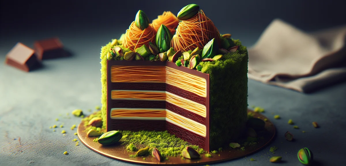 Cross-section of Dubai chocolate showing layers of green pistachio cream and golden kadaif threads,
