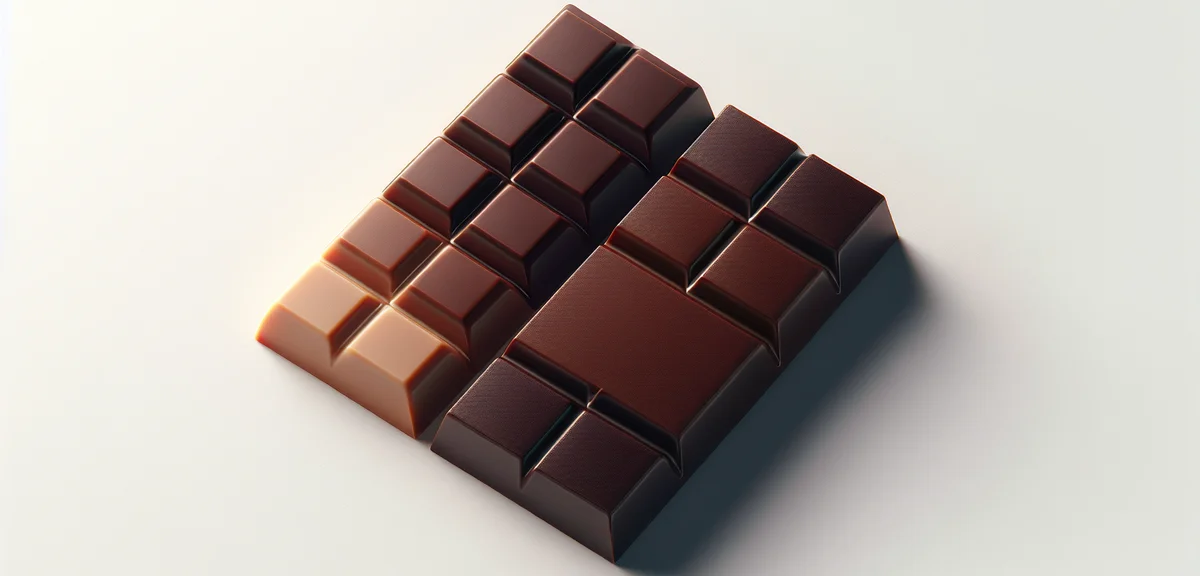 Three dark chocolate squares showing different cacao percentages side by side, gradient from lighter