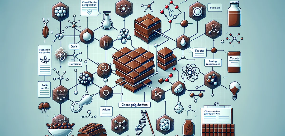 Scientific illustration showing cacao polyphenol molecules and their health benefits, clean infograp