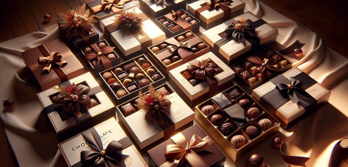 Assorted luxury chocolate boxes from different brands arranged on elegant surface, gift ribbons and 