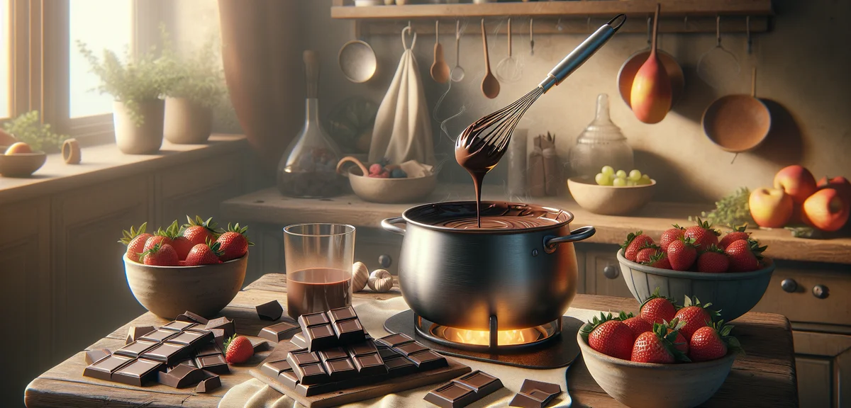 Step by step chocolate fondue making process, melting chocolate in pot, warm kitchen setting, instru