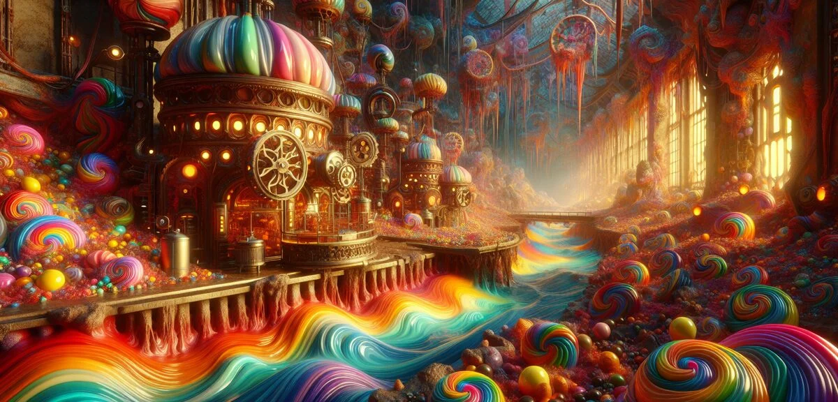 Magical chocolate factory scene with fantastical candy machines and colorful chocolate rivers, whims