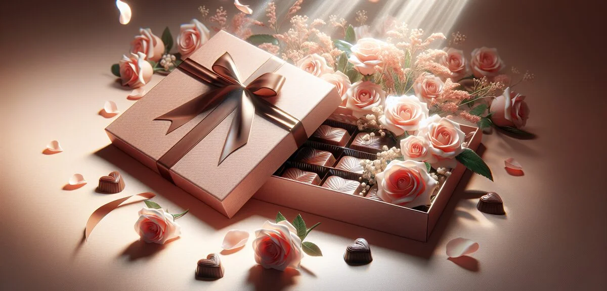 Luxurious chocolate gift box being presented as a Valentine's gift, romantic setting with roses and 