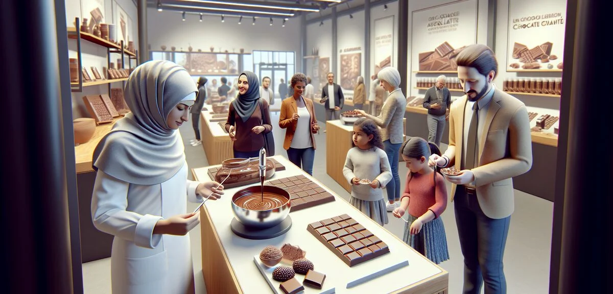 Interactive chocolate museum exhibit with visitors engaging in chocolate tasting and learning activi