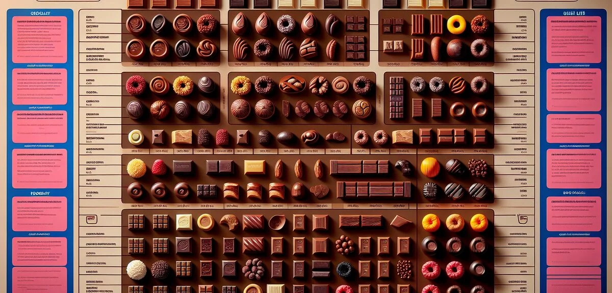 Different types of chocolates with their typical shelf life displayed, educational infographic style
