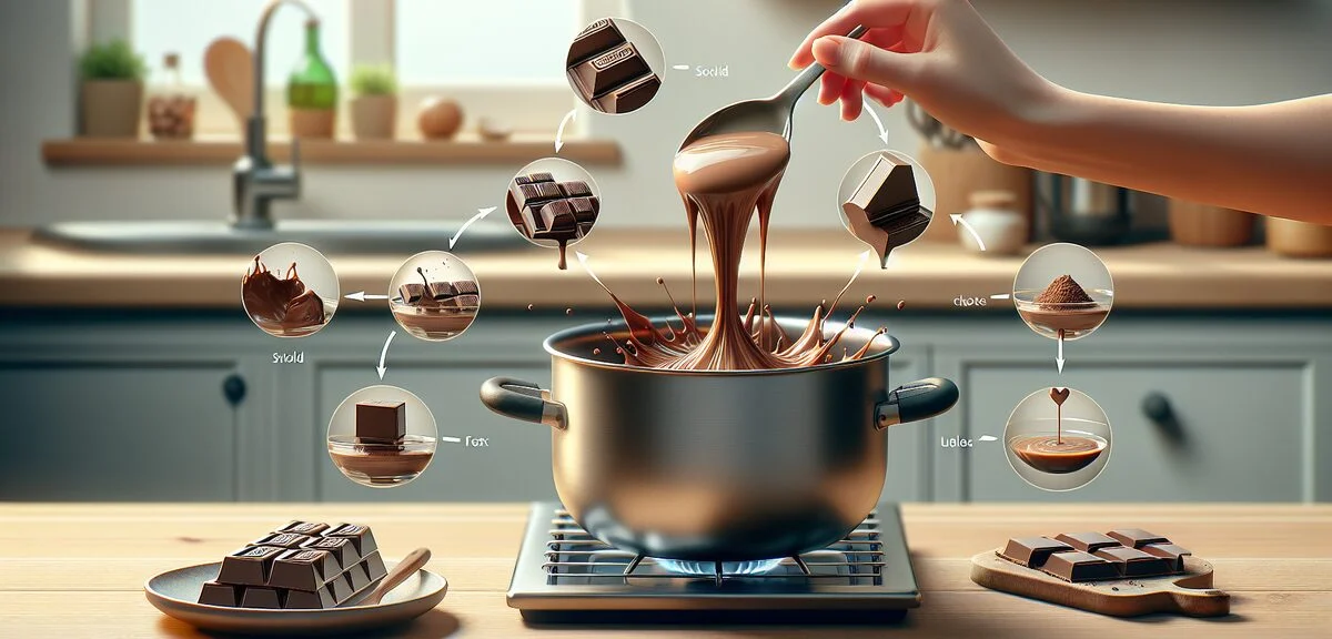 Step by step chocolate melting tutorial showing double boiler method, chocolate transitioning from s