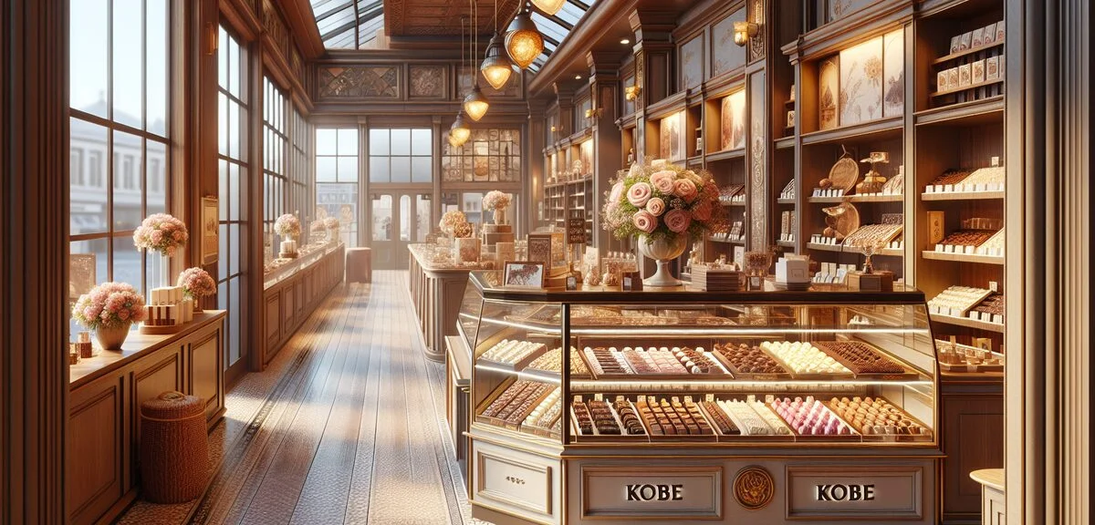 Elegant Kobe chocolate shop interior with display cases showing beautiful chocolates and confections