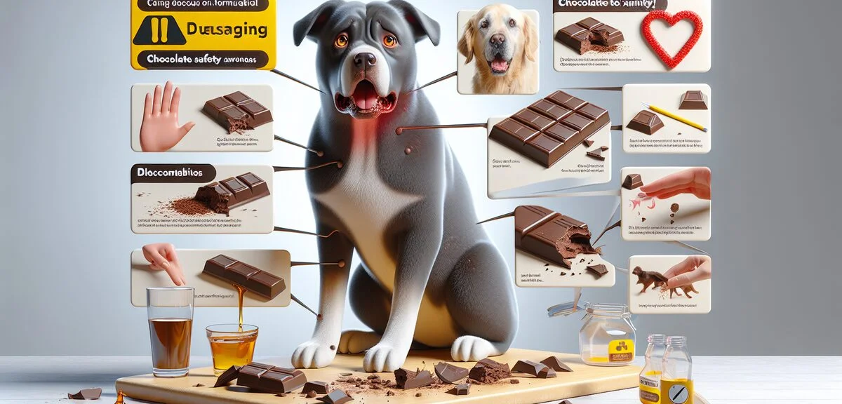 Educational infographic showing chocolate toxicity symptoms in dogs, veterinary health warning style