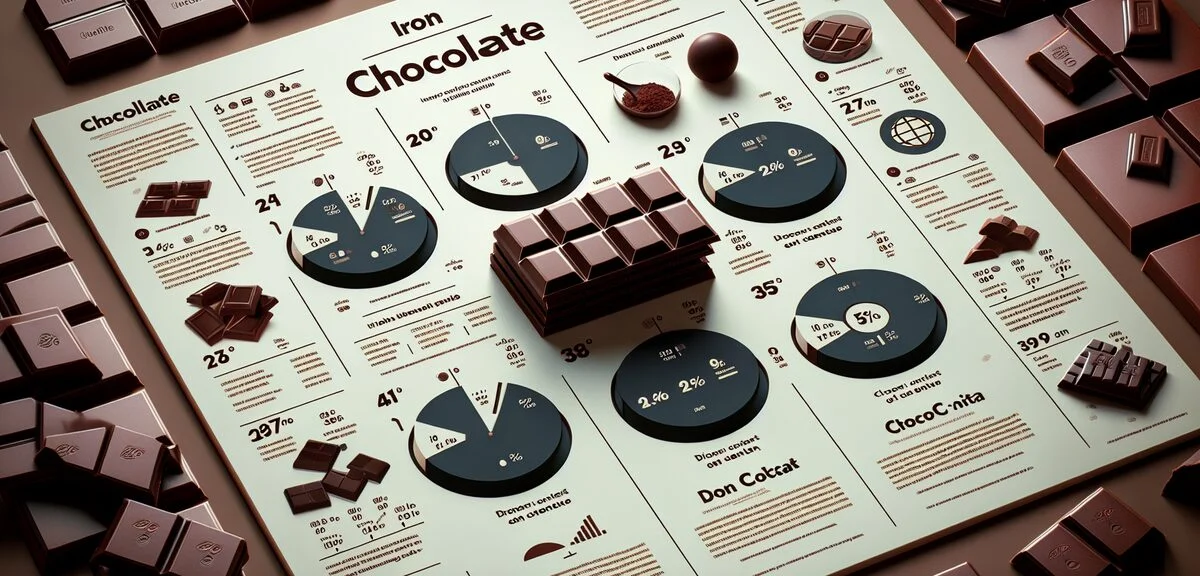 Infographic comparing iron content in different chocolate types, clean educational design with choco