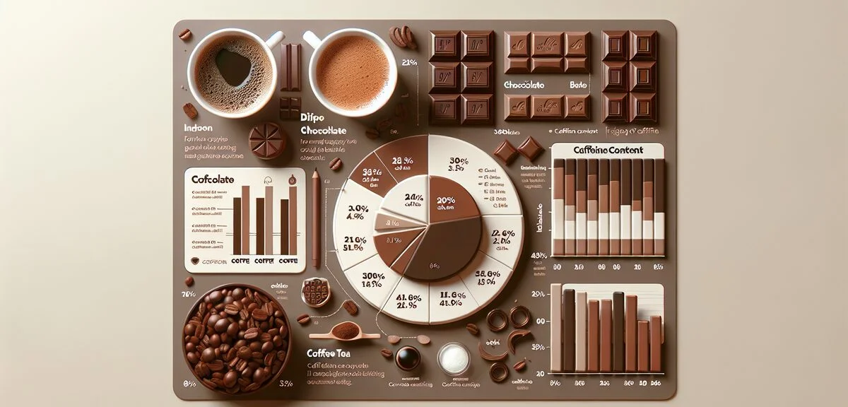 Caffeine content comparison chart showing different chocolate types versus coffee and tea, clean inf