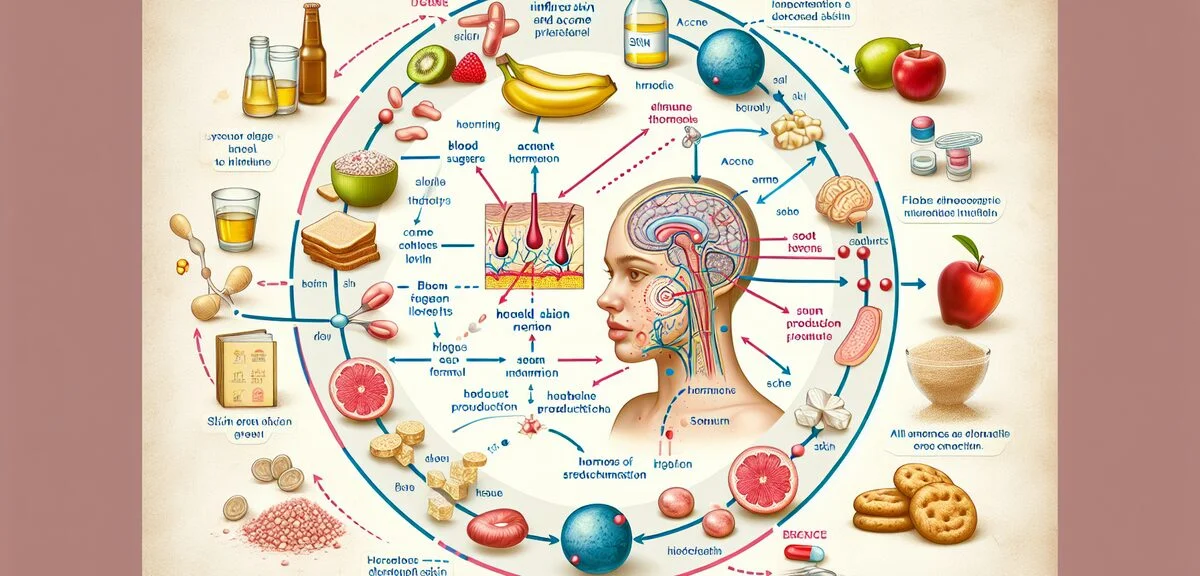Diagram showing how food affects skin and acne formation, educational medical illustration with clea