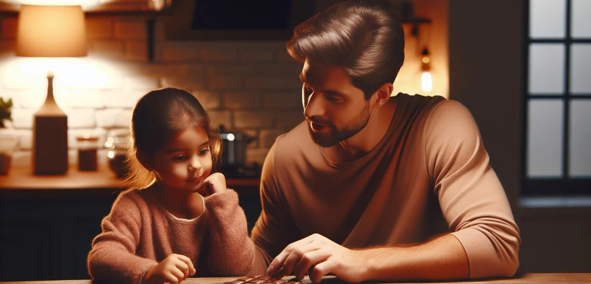 Caring parent teaching child about healthy snacking, warm family moment, chocolate treats shown in m