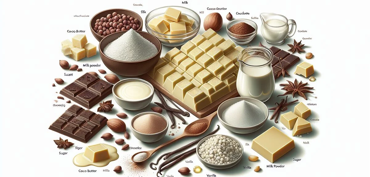 Ingredients for white chocolate production showing cocoa butter, milk powder, sugar and vanilla, edu