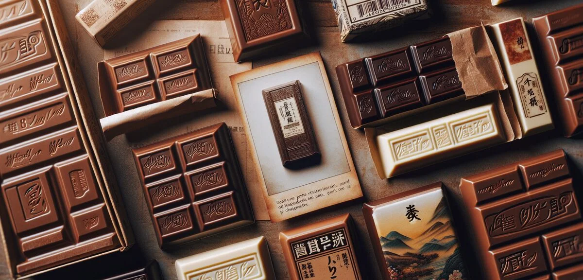 Collection of Meiji chocolate bars showing milk, dark and white varieties, clean product photography