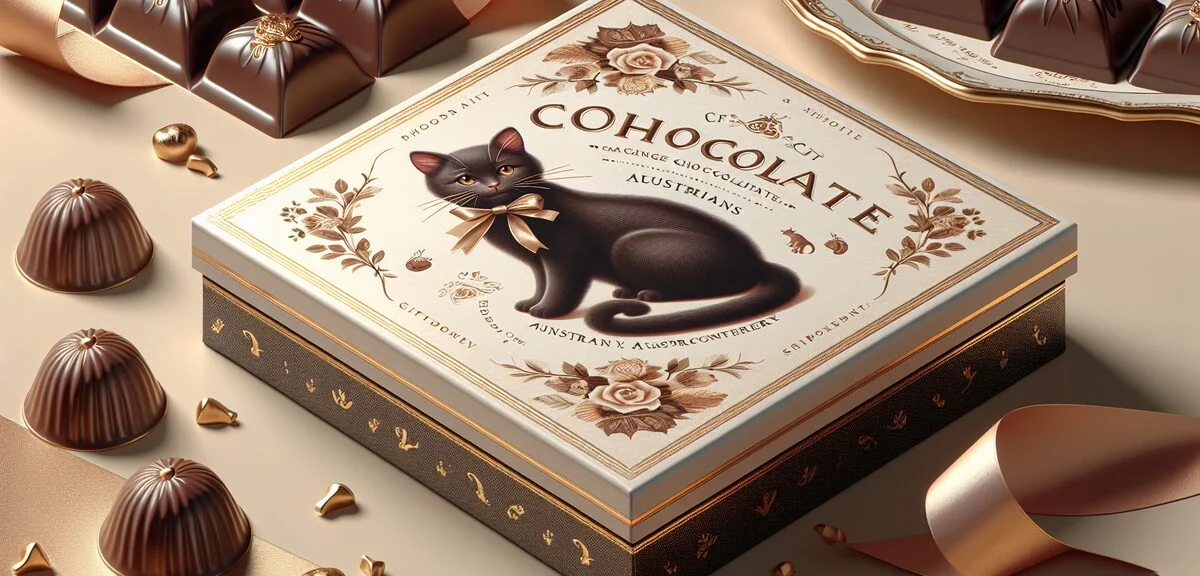 Elegant chocolate gift box with cat label design, luxury Austrian confectionery presentation, sophis