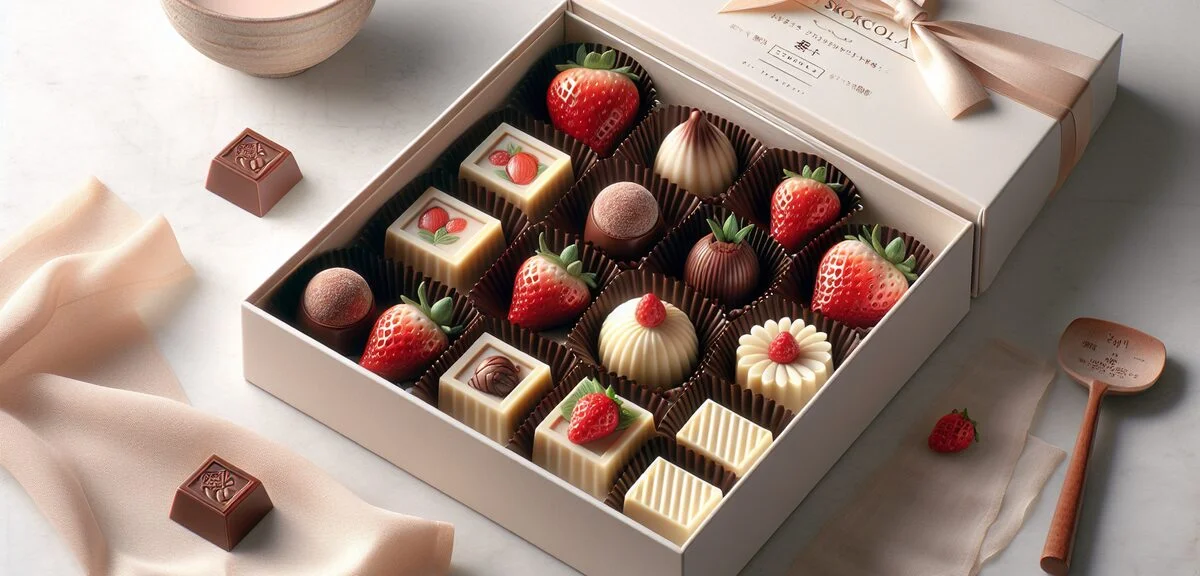Assorted Hokkaido chocolate confections including strawberry chocolate and white chocolate products,