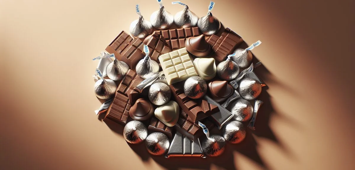 Classic American chocolate kisses and bars arrangement, silver wrapped chocolates and chocolate bars