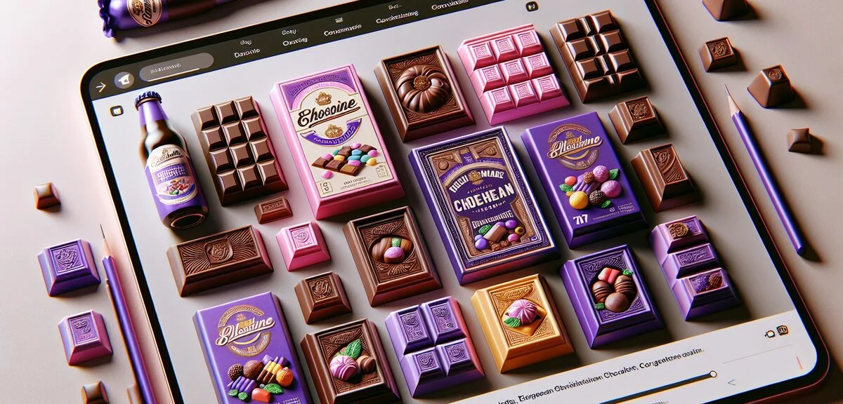 German chocolate brands display featuring purple Milka bars and colorful Ritter Sport squares, Europ