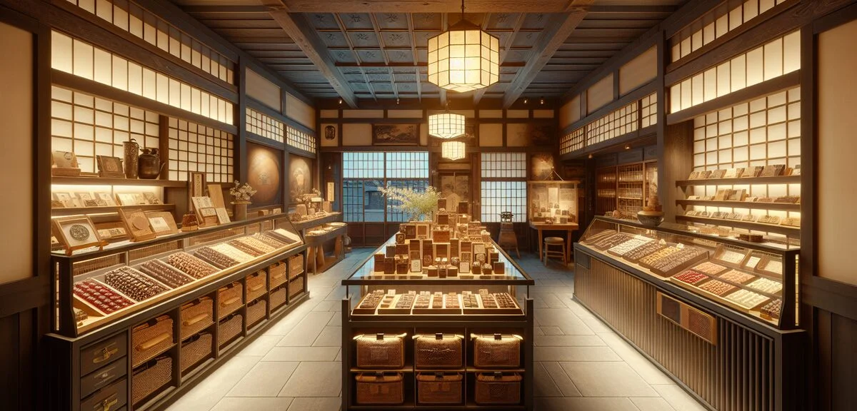 Traditional Kyoto machiya chocolate shop interior with modern craft chocolate display, Japanese aest