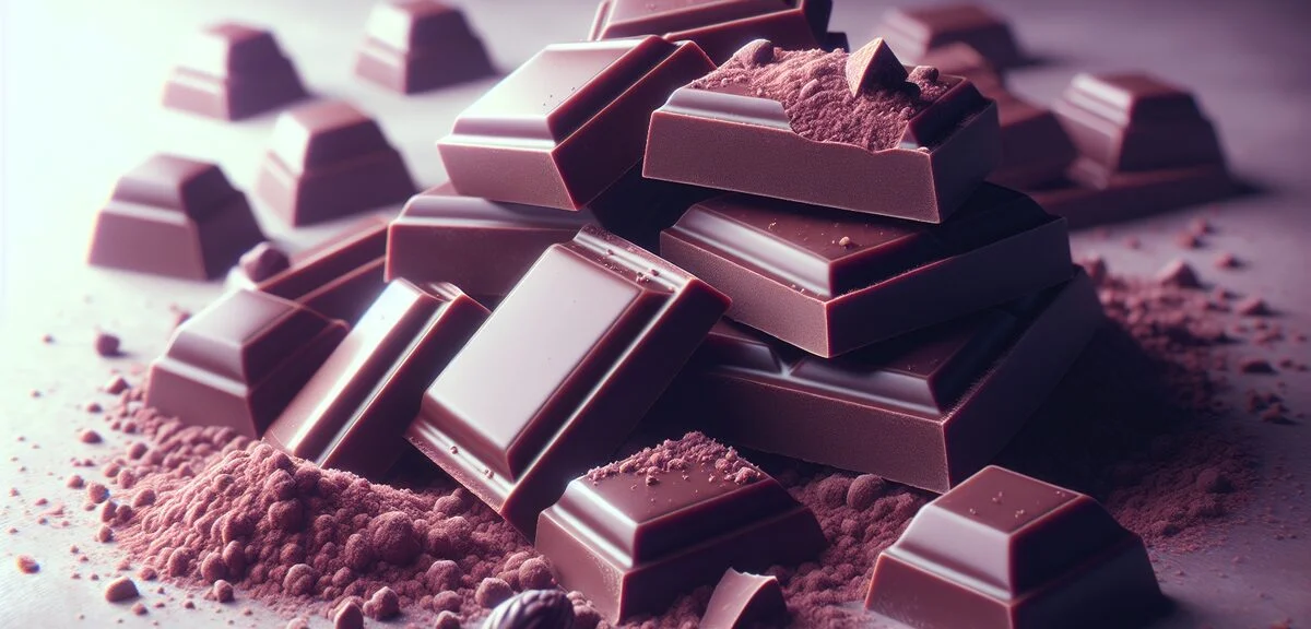 Close-up of Milka chocolate pieces showing smooth creamy texture, soft lighting, purple color accent