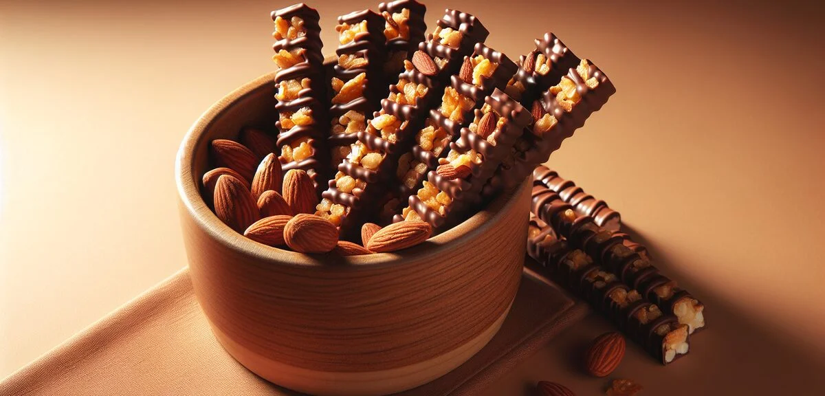 Japanese chocolate sticks (Koeda style) with almonds and puffs, crispy texture visible, warm lightin