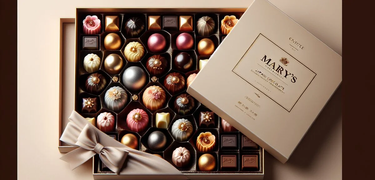 Elegant Mary's chocolate bonbons arranged in premium gift box, various flavors and colors, Japanese 