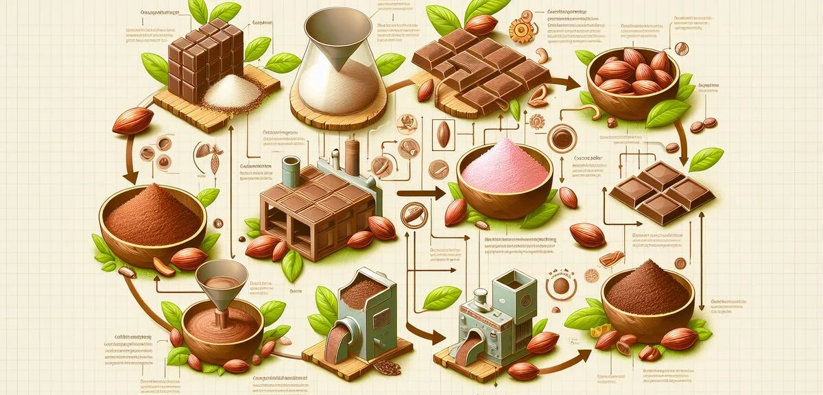 Infographic showing cacao bean processing into chocolate and cocoa powder, educational illustration 
