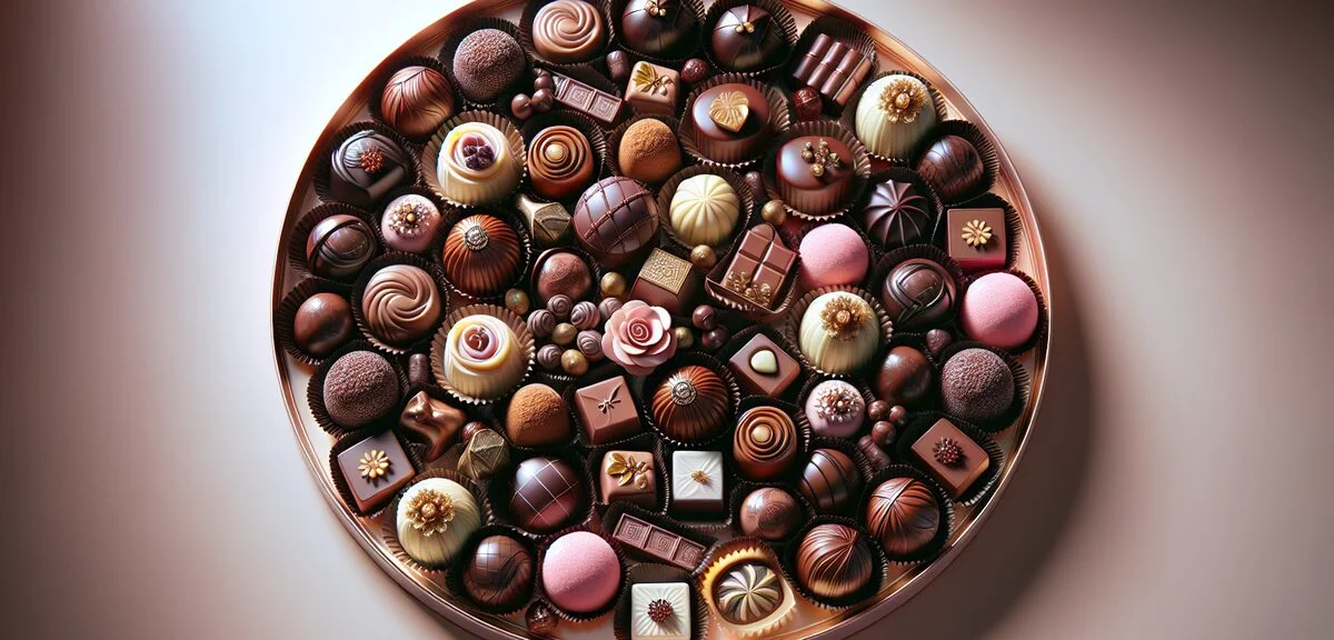 Assorted French bonbons chocolat in elegant display, various flavors and decorations, artisan chocol