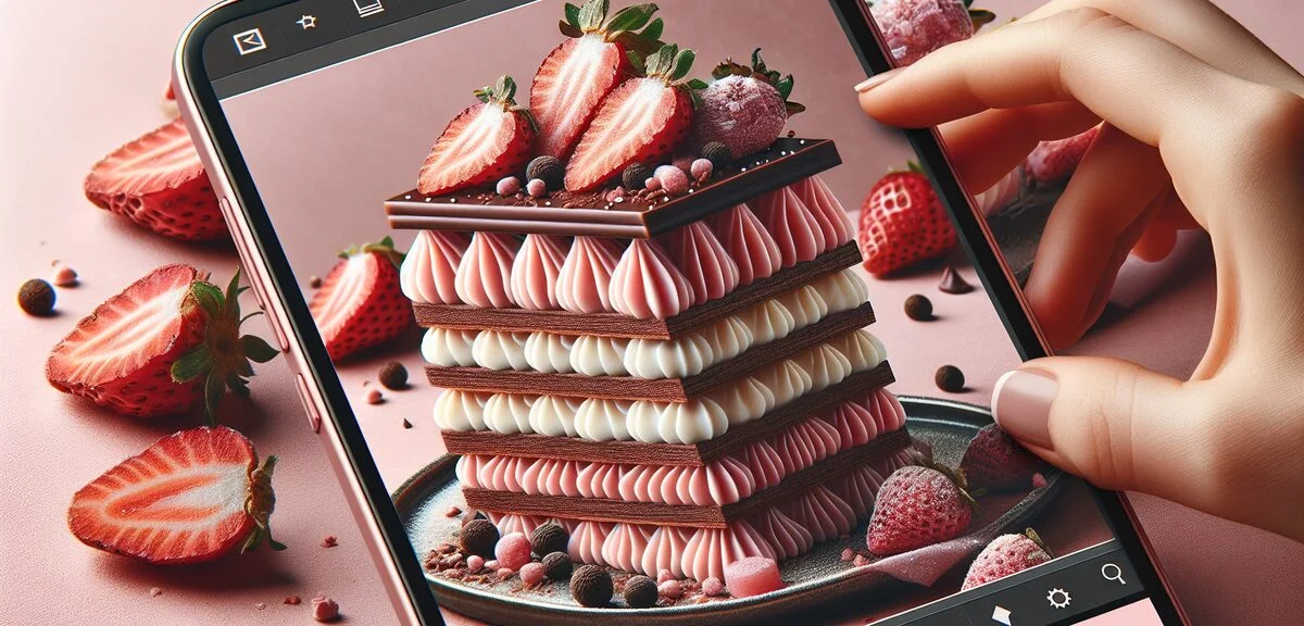 AUDREY Glacia close-up showing layers of freeze-dried strawberry, cream, and chocolate coating, eleg