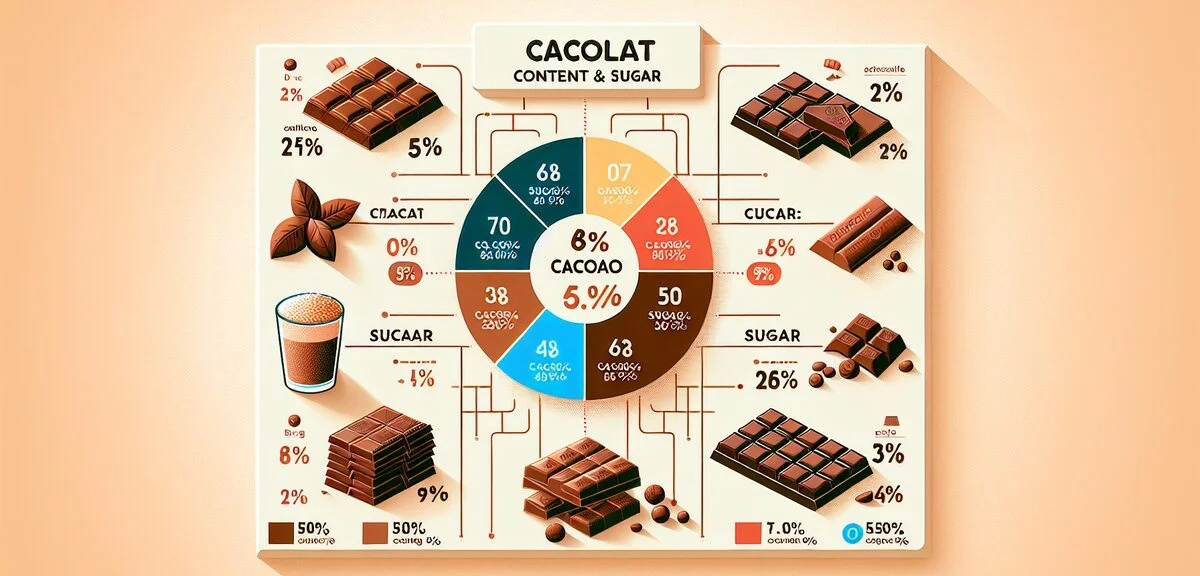 Cacao percentage comparison chart with chocolate bars, educational infographic style, showing relati