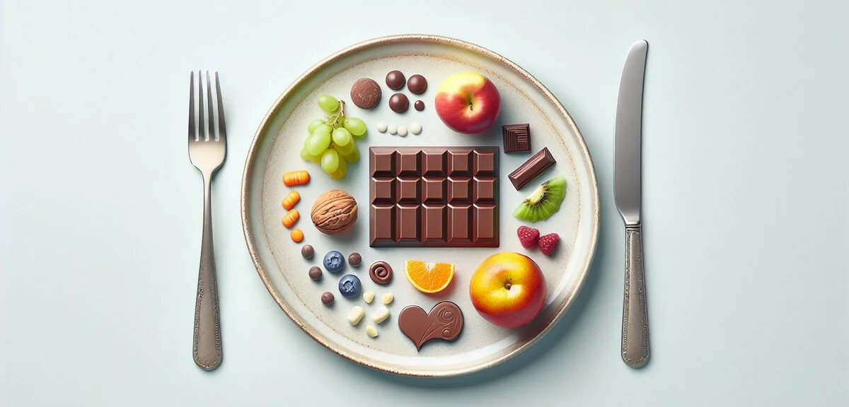 Health awareness concept with chocolate portion control, balanced eating visualization, moderate con