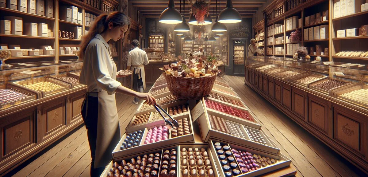 Venchi chocolate selection process, customer choosing chocolates with tongs, colorful wrapped pralin