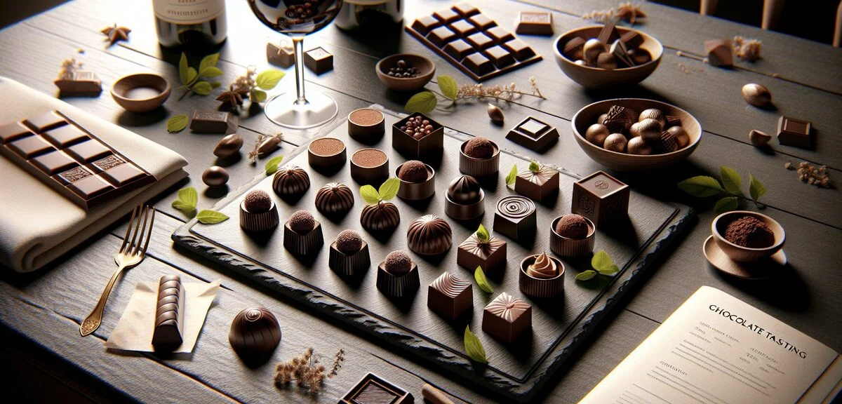 Luxury chocolate tasting experience, artisan bonbons on elegant slate plate, sommelier-style present