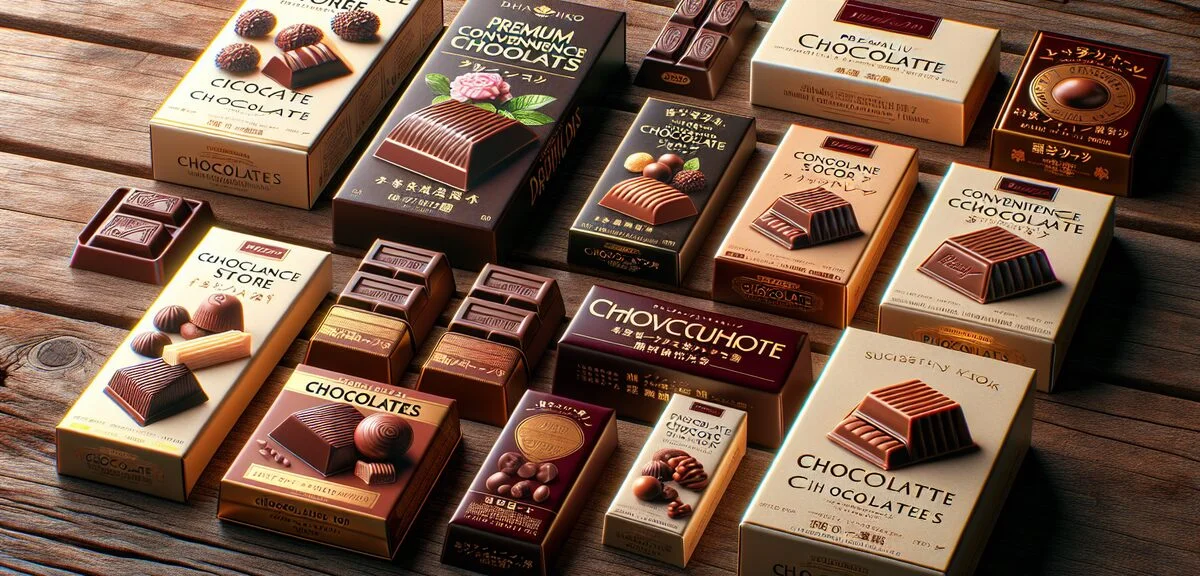 Premium convenience store chocolates arranged on wooden surface, high-quality chocolate bars and art