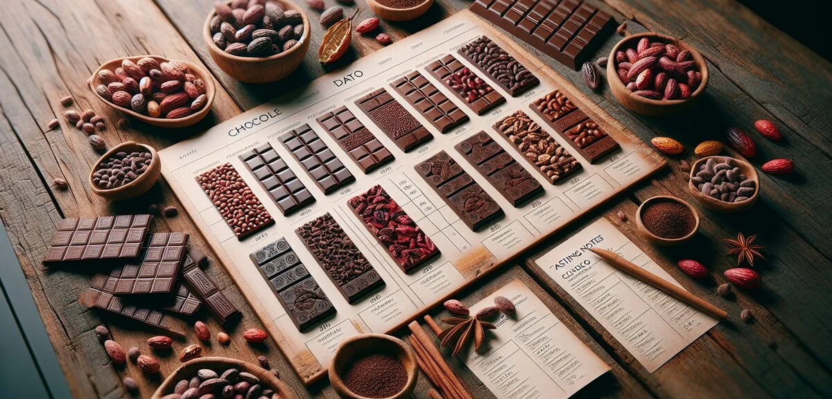 Cacao beans from different origins arranged on wooden surface, variety of chocolate bars showing dif