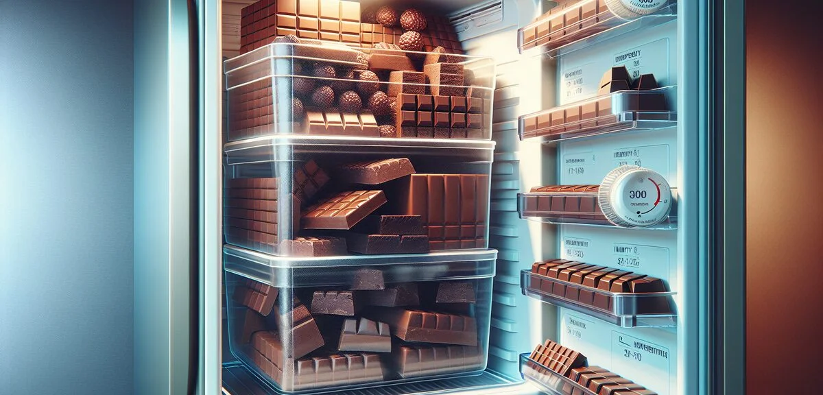 Chocolate bars stored in airtight container inside refrigerator, seasonal chocolate storage guide, t