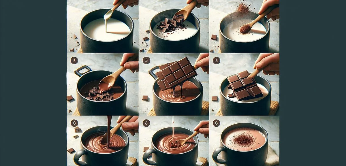 Step by step hot chocolate making process, chopped chocolate melting in warm milk, stirring with woo