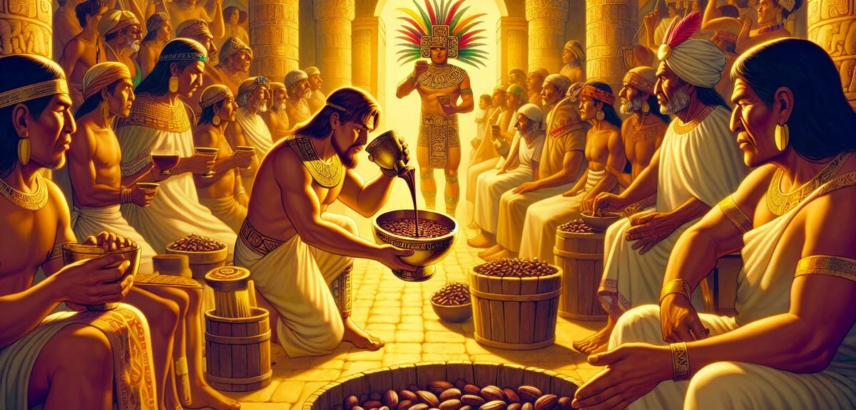 Ancient Aztec emperor drinking chocolate from golden cup, ceremonial setting, cacao beans as currenc