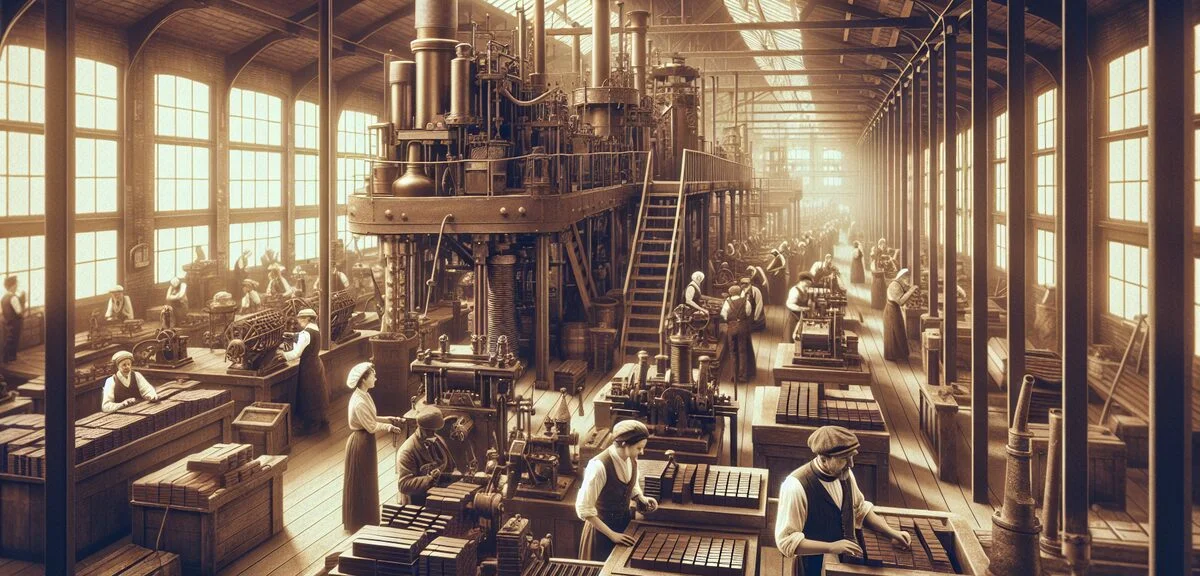 19th century chocolate factory with workers and machinery, vintage industrial setting, chocolate bar