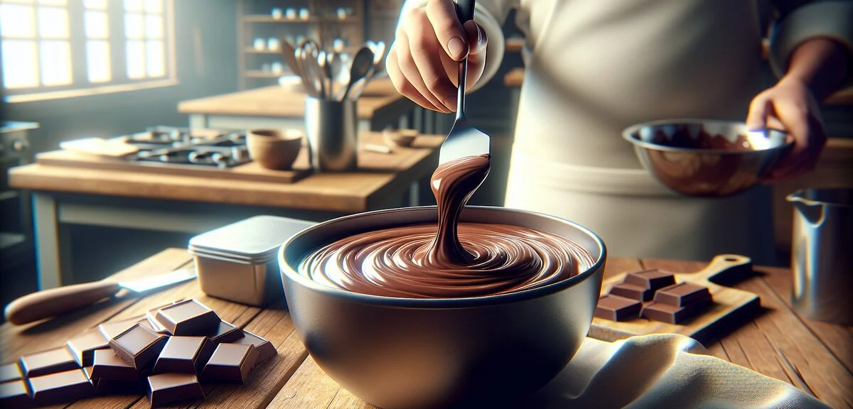 Chocolate ganache preparation process, melting chocolate with warm cream, smooth glossy mixture in b