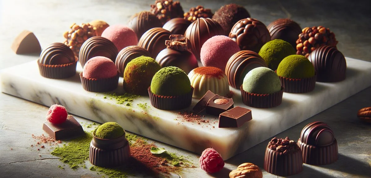 Various chocolate truffle flavors arranged on marble board, matcha green, raspberry pink, caramel, n
