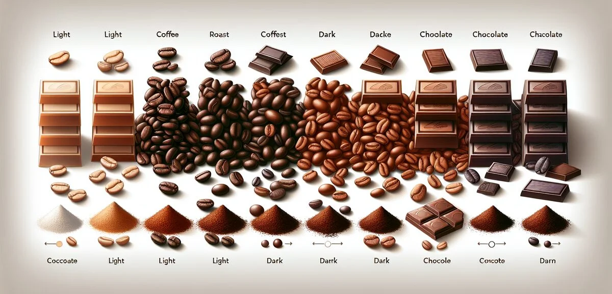 Coffee roast levels from light to dark beans arranged next to corresponding chocolate types, visual 