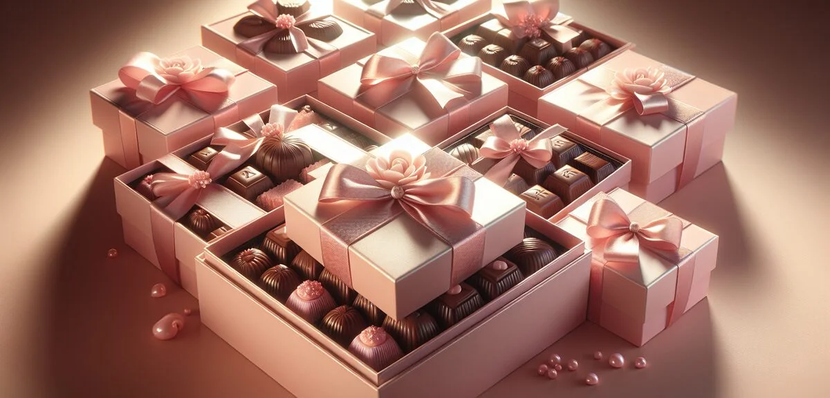Various luxury chocolate gift boxes arranged for Mother's Day, pink and elegant packaging, soft ligh