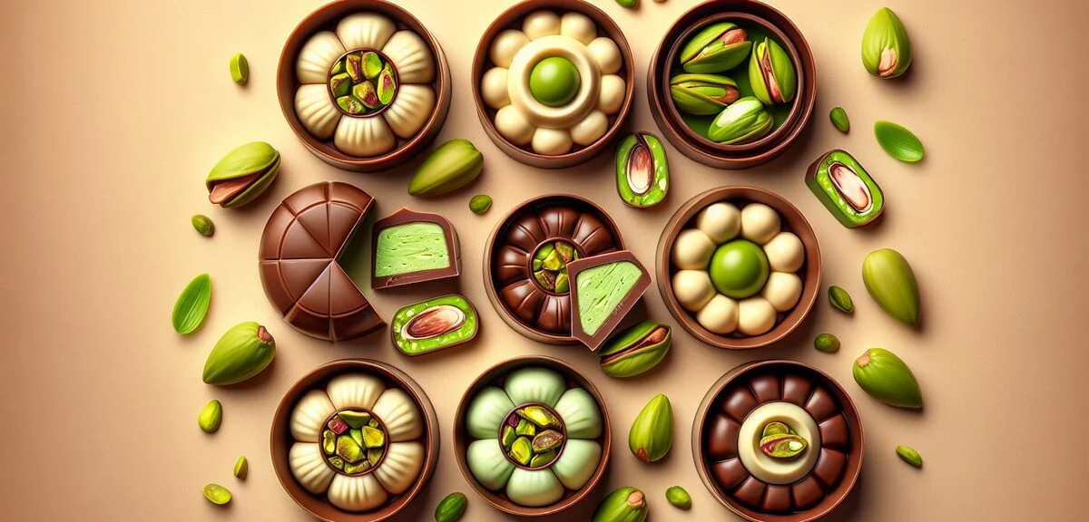 Assorted pistachio chocolates from various brands, green pistachio cream visible, elegant chocolate 