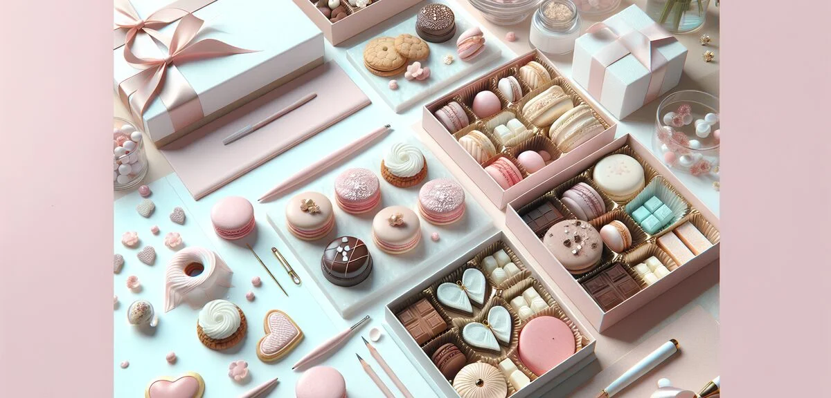 Various White Day gifts including chocolates, cookies, macarons and candies arranged elegantly, past