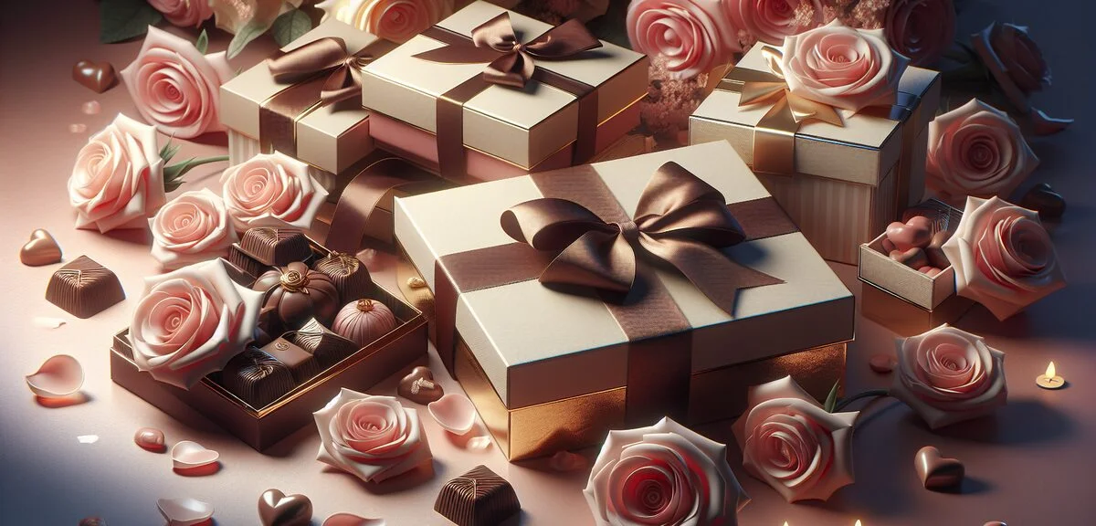 Various luxury chocolate gift boxes for girlfriend, romantic presentation with roses, elegant packag