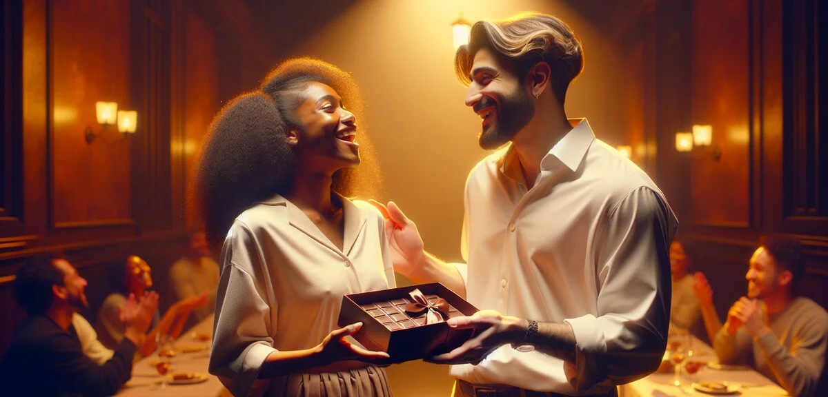 Couple exchanging White Day gift, boyfriend giving chocolate gift box to happy girlfriend, romantic 