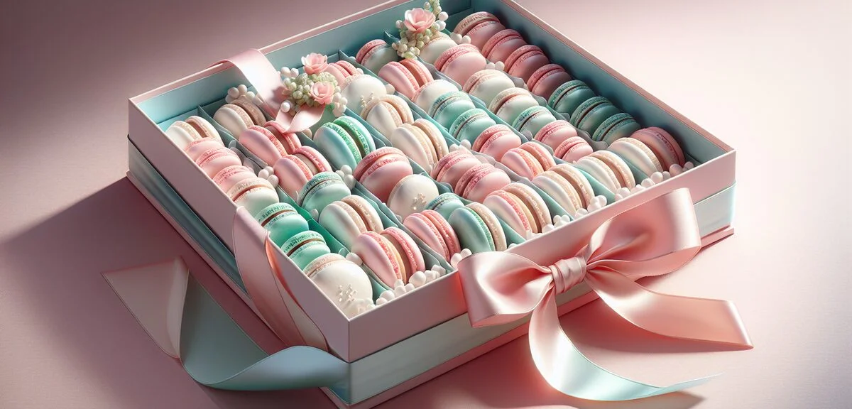 Colorful French macarons arranged beautifully in a luxury gift box, pastel pink blue green, elegant 