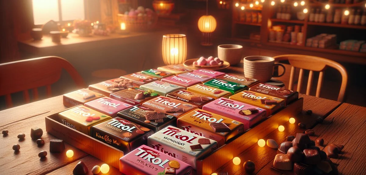 Colorful Tirol chocolate collection arranged on wooden table, various flavors including coffee nouga