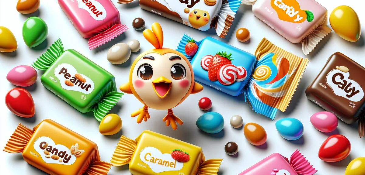 Colorful Morinaga Chocoball packages arranged in a playful display, showing various flavors like pea